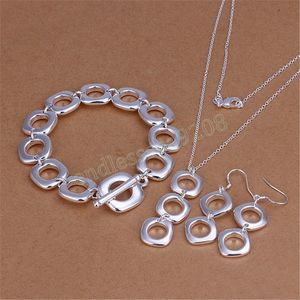 Silver Round square pendant Bracelet necklace earrings Jewelry set for women Fashion Party Christmas Gifts