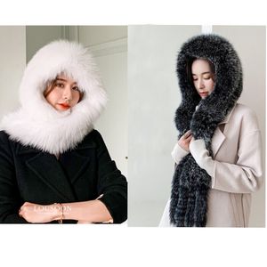 Kvinnor Real Fox Fur Hats Scarf One Pieces Winter Earmuffs Hat Snow Cap Tassels