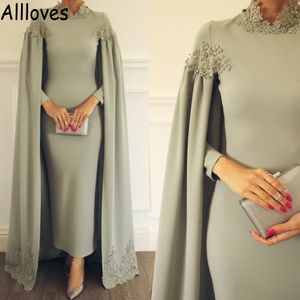 Muslimska Dubai Arabiska Mellanöstern Aftonklänningar Med Cape Wrap Salvia Höghalsad Spets Applikerade Balfestklänningar Långa ärmar Marockanska Kaftan Festrockar CL0568