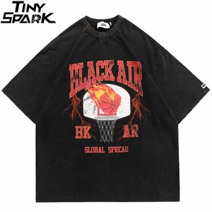 Washed T-Shirt Hip Hop Streetwear Fire Flame Basketball Print T Shirt Men Harajuku Cotton Casual Tshirt Summer Short Sleeve 220608