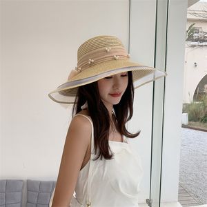 Mulheres Verão Malha Pérola Chapéus Bowknot Fita Big Brim Hat Chapéu Coreano Travel Beach Sun Caps