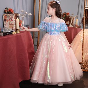 結婚式のための新しいプリンセスフラワーガールドレスジュエルネックレースアップリケスパンコールガウンガールズページェントバースデープロムガウン403