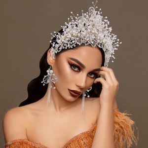 Atemberaubende barocke Prinzessin Kronen Kopfschmuck Ohrringe Luxuriöse Perlen Kristalle Perlen Braut Kopfbedeckung Tiaras Frauen Haarschmuck für Hochzeit CL0329