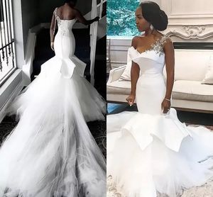 Sexy Backless Mermaid Wedding Dresses Elegant Appliqued Beaded One Shoulder Long Train Bridal Gowns Arabic African Robes BC14215 0805