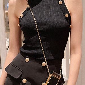 High Quality Summer Hollow Out Womens Tank Tops Thin Knitted Sleeveless Sexy Tops Golden Buttons Camisole Women Clothes 220607