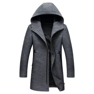 Men's Wool & Blends Mens Long Hooded Trench Coat 2022 Winter Casual Woolen Hoodie Coats Slim Fit Zipper Men Windbreaker Pea 3XLMen's