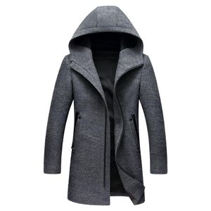 Misto lana da uomo Trench coat lungo con cappuccio da uomo 2022 Cappotto con cappuccio in lana casual invernale Cappotti con cerniera slim fit Giacca a vento da uomo Pisello 3XLUomo