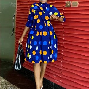 Women Printed Dress Polka Dot A Line Pleated High Waist Three Quarter Sleeves African Fashion Female Elegant Office Ladies Robes 210416