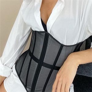 InsGoth Women Waist Trainer Cincher Girdles Sexy Black Mesh Goth Vintage Slim Body Belts Streetwear See Through Corset 220615