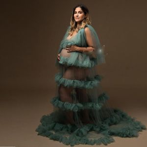 スループロムドレスを見る写真撮影のために女性のセクシーなマタニティローブを見るノースリーブフリルのイブニングドレス