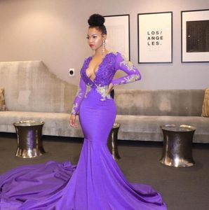Elegant Purple Prom Dresses Sexy Deep V-neck Sheer Long Sleeve Lace Appliqued Mermaid Evening Gowns African Girls Graduation Party Wears
