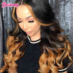 Fechamento barato peruca cabelos humanos S Wave 13x1 t Parte Lace Front Peruvian 1B30 150 Densidade ombre colorido sem cola Baihong 220609