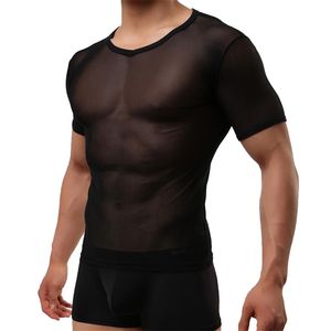 Sexy Skinny Ops Schwarz Durchsichtiges Mesh Kurzarm Herren Perspektive O Nek T-Shirt Unterwäsche Nachtwäsche 220614