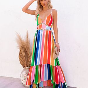 2022 summer women's long dress suspenders sexy deep V rainbow stripe suit printed mesh suspender chiffon dress Vestidos Largos Elegantes designer plus