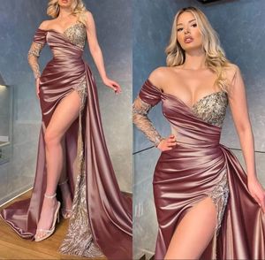 Lantejoulas sereia vestidos de baile princesa um ombro alto lado split manga longa puff roxo sliver tule rendas apliques vestidos de festa plus size feito sob encomenda