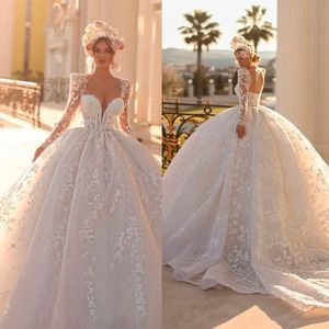 Gorgeous Wedding Dresse Bal Ball Suknia Z Długim Rękawem Backless 3D Aplikacja V Neck Długość podłogi koronki Custom Made Pearl Vestidos de Novia