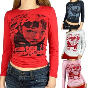 Bloups feminina camisas Y2K Autumn Moda High Street Blush Casual Crop Slim Tops Streetwear Mulheres engraçadas impressões longas Tee sh