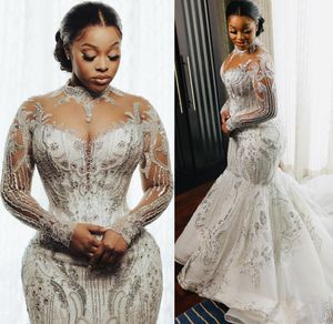 2022 Plus Size Arabo Aso Ebi Mermaid Lussuoso Abito da sposa scintillante Sheer Neck Pizzo Abiti da sposa Abiti ZJ33