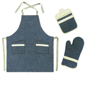 Fartuch w stylu Chambray z cieplnymi rękawiczkami piekarnika i uchwytami na garnki dla kobiet / mężczyzn miękki do gotowania kuchennego BBQ Dark Blue