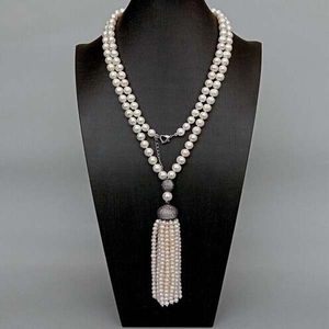 Sötvatten odlad vit pärla lång halsband Tassel CZ Pave Pendant