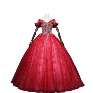 Mulheres Vestidos De Baile Vermelho venda por atacado-2022 Moda Red decote em V mulheres Quinceanera vestidos vestido de baile comprimento de piso de costas para trás lantejoulas e miçangas de festas de garotas