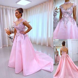 Simple Pink Satin A Line Wedding Dress Short Sleeve Applique Bridal Gowns Custom Made Plus Size Sweep Floor Formal Dresses