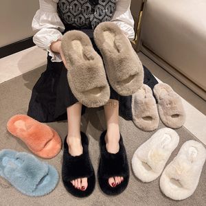 2022 Autumn Warm Faux Fur Ladies House Slippers Home Shoes Women Cross Soft Plush Furry Open Toe Slides Fashion Shoes G220816