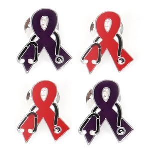 20 szt Moda moda czerwona i fioletowa emalia Bról Wstążka Kształt ze stetoskopem raka piersi Awareness Medical Butterfly Pins do akcesoriów pielęgniarki