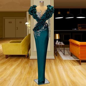 Modest Straight Hunter Green Prom Dresses One Shoulder Illusion Evening Dress Custom Made Ruffles Beaded Crystals Sweep Train Red Carpet Celebrity Party Gown