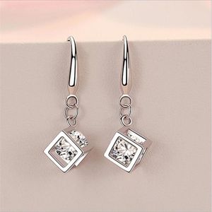 Dangle & Chandelier Top Quality Sterling 925 Silver Earrings For Women Jewelry Gift Trendy Crystal Cube Drop Female Hooks Accessories Lady