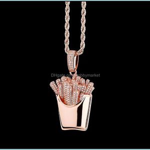 Pendant Necklaces Pendants Jewelry Iced Out Chips Necklace With 24Inch Rope Chain 14K Gold Plated Copper Cubic Zirconia Sier Rosegold Colo