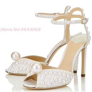 Peep Toe Pearl Wedding Obcowanie Sandały Kobiety kostki Wymiar White Bride Sandals Evening Pumps Casual Party Damskie Sandały Letnie 220516