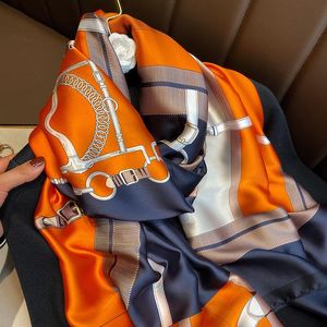 Luxury Brand Satin Silk Square Scarf Hijab Women Print Bandana Headband Neckerchief Ladies Shawl Bag Wrap Foulard 90 180cm