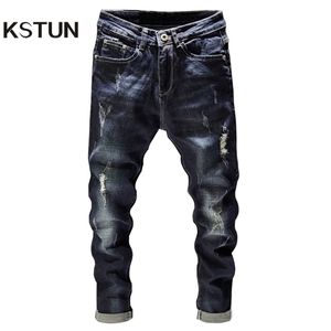 Rippade män jeans mörkblå stretch smal fit förstörda trasiga hål denim byxor casual cyklist jeans manliga hip hop mens punk jeans 201128