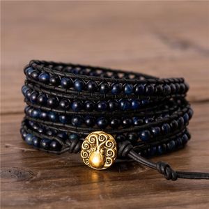 Charm-Armbänder High-End-Armband mit blauen Tigerauge-Perlen, 5 Wickel-Armbänder, Boho-Leder-Wrap, böhmische Manschette, Geschenk für Freunde, DropCharm