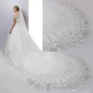 Luxury 4 Meters Long Bridal Veils Lace Sequins with Comb Applique Edge Wedding Veils Cheap Bridal Accessories CPA887 B0523