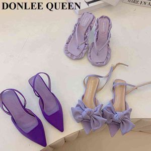 Тапочки женские сандалии Flipflop Women Stiletto Open Toe Purple Bow Knot High Heels 2022 Мода Римская сандалия Элегантная мула Слид 220514
