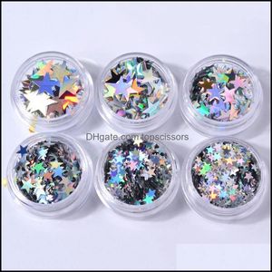 Tırnak Sanat Dekorasyonları Salon Sağlığı Güzellik Lazer Yıldız Şekiş Çiviler Dekorasyon Sparkly 3D Altın Sier Sequins Polonya Aksesuarları 6pcs/S