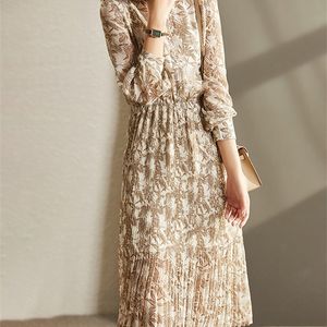 VIMLY Floral Dress for Women Slim Waist Long Sleeve Midi Dresses Spring Summer Chiffon Vintage Pleated Vestido Female F8856 220514