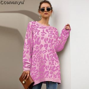 Autumn Winter Clothing damer Lång tröja Fashion Womens Loose Pullovers and Sweaters Leopard Print Sticked tröja L220815