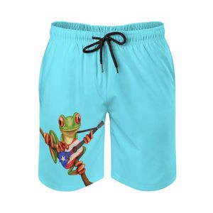 Men's Shorts Tree Frog Playing Puerto Rican Flag Guitar Men's Swim Trunks Sports Beach Surfing Pockets And Mesh Lining FrogMen's