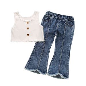 シティエットサマーキッズ幼児の女の女の子の衣装ソリッドホワイトストラップトップジープズームポケットフレアジーンズデニムパンツセット衣類J220711