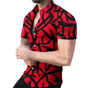 Camisas casuais masculinas Verão Hawaiian Red Shirt Tropical Men's Short Moda Fashion Print Botão Lappel Chemise Loose Férias