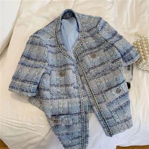 Pista de chegada French feminino de alta qualidade de tweed lã Cardigan Casaco o pescoço de manga curta jaqueta de peste fora Casaco 220513