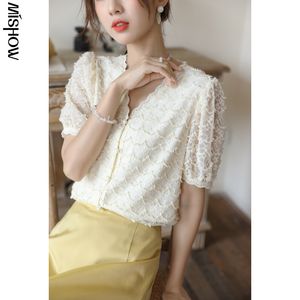 Mishow Chiffon Lace Shirts Women Summer Korean Style French Short Sleeve Blouse V-Neck Elegant Women Tops MXA26X0052 220520