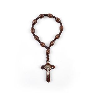 Urok bransolety komi religijne katolickie brązowe drewniane drewniane koraliki Jezus Cross Cross Mężczyzn Kobiety Różańce Krzyki Banles Jewelband R Charm