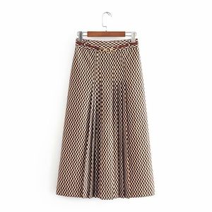 تنانير الموضة ذات الحجم الكبير 2020 Autumn Print Midi Skirt Office عتيق مع الحزام Londies التنانير LJ201029