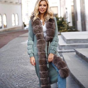女性の毛皮のフェイク秋と冬の長い濃い暖かいコートxロング本物のオーバーコート女性ナチュラルカラーニットセーターカーディガンベルトウーマンのWO