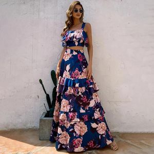 Abiti casual 2022 Donna Estate Boho Beach Set due pezzi Crop Top Stampa floreale Layered Cascading Ruffle Senza maniche Backless Long Maxi Dress