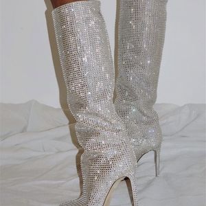 Crystal Knee High Boots Kvinnor Sexig spetsig äkta läderhälshylsa Shiny Catwalk Big Size 220813 Gai Gai Gai